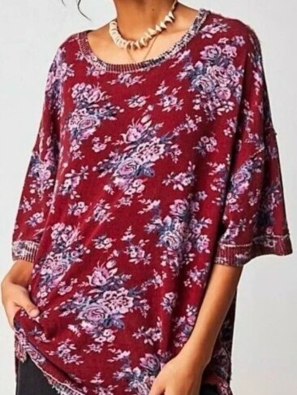 We The Free Red Floral Cotton You & Me Lightweight Sweater Tee - Size - Small
